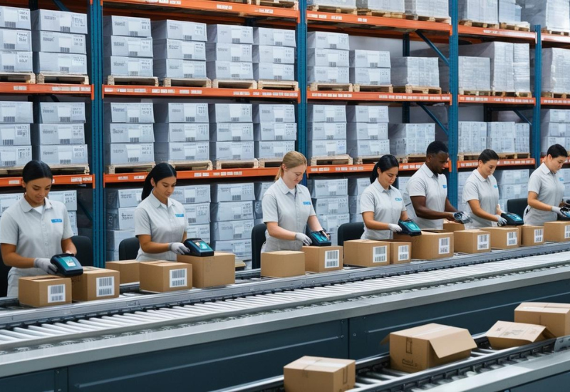 Team working on picking and packing orders getting them ready for distribution and shipment.